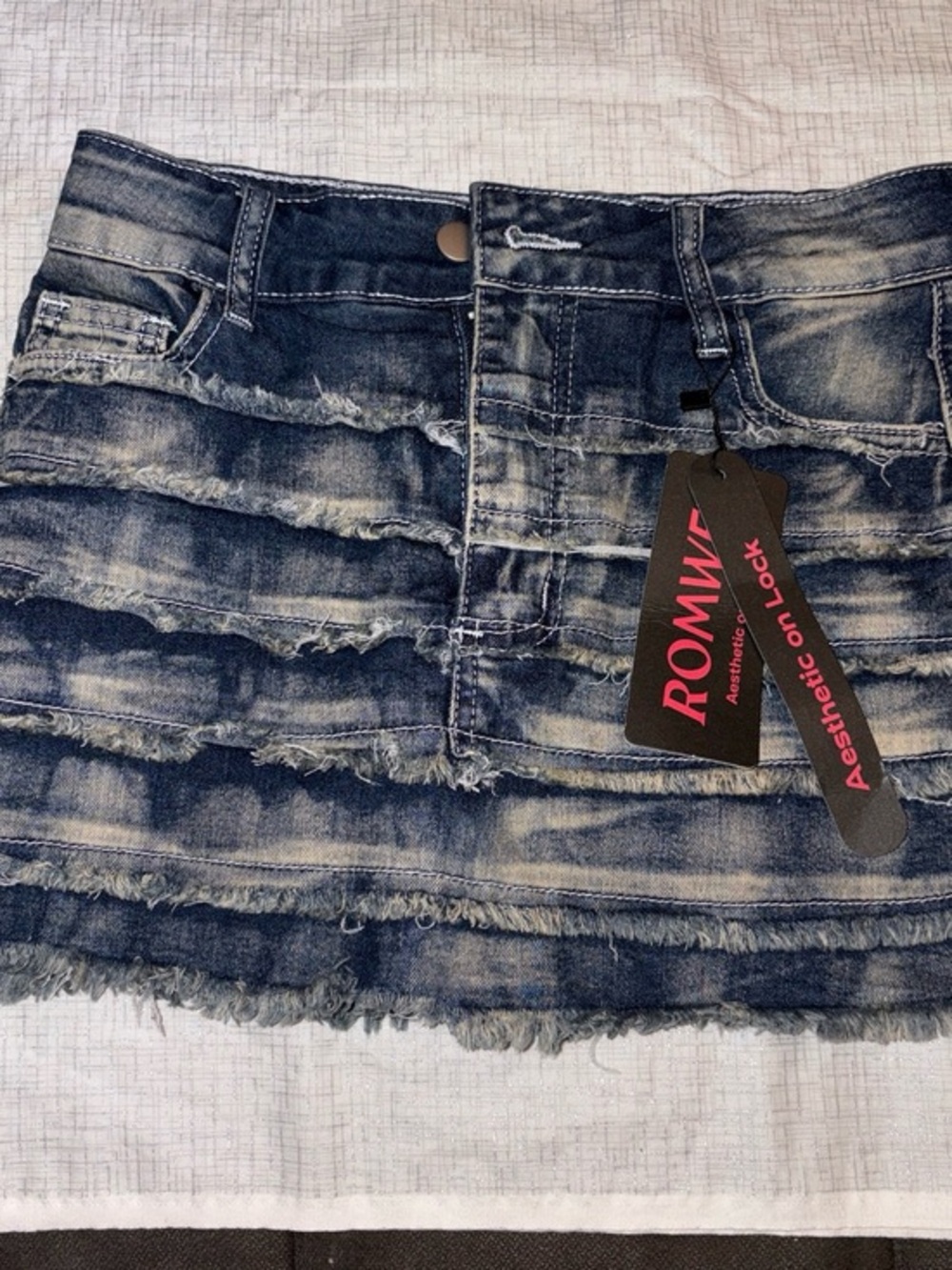 ROMWE Washed Blue Distressed Tiered Denim Mini Skirt